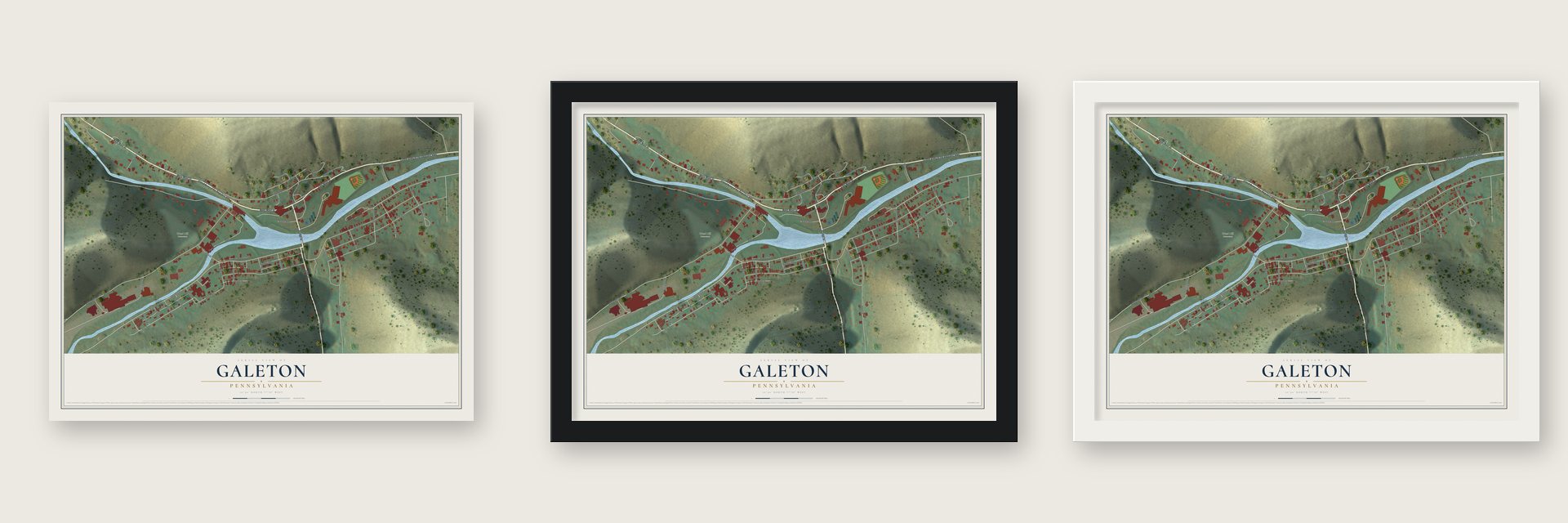Galeton, Pennsylvania map unframed, in a black wood frame and in a white wood frame