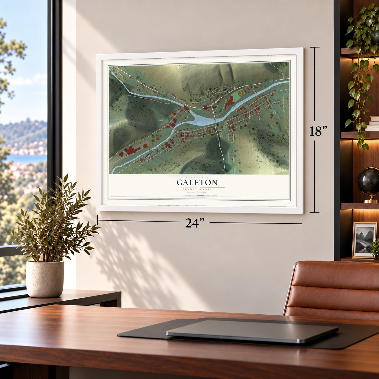 Galeton, Pennsylvania map, 18 x 24 inch print in a white frame in a home office