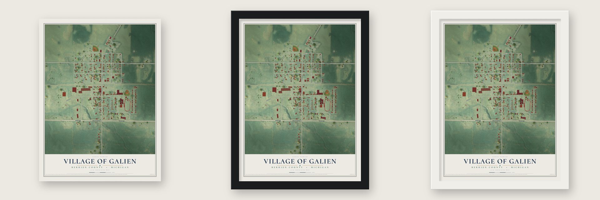 Galien, Michigan map unframed, in a black wood frame and in a white wood frame