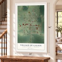 Galien, Michigan map, 24 x 36 inch print in a white frame by a staircase