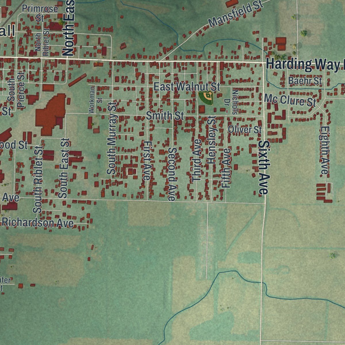 Second close-up of the map of Galion, Ohio print showing more streets and buildings