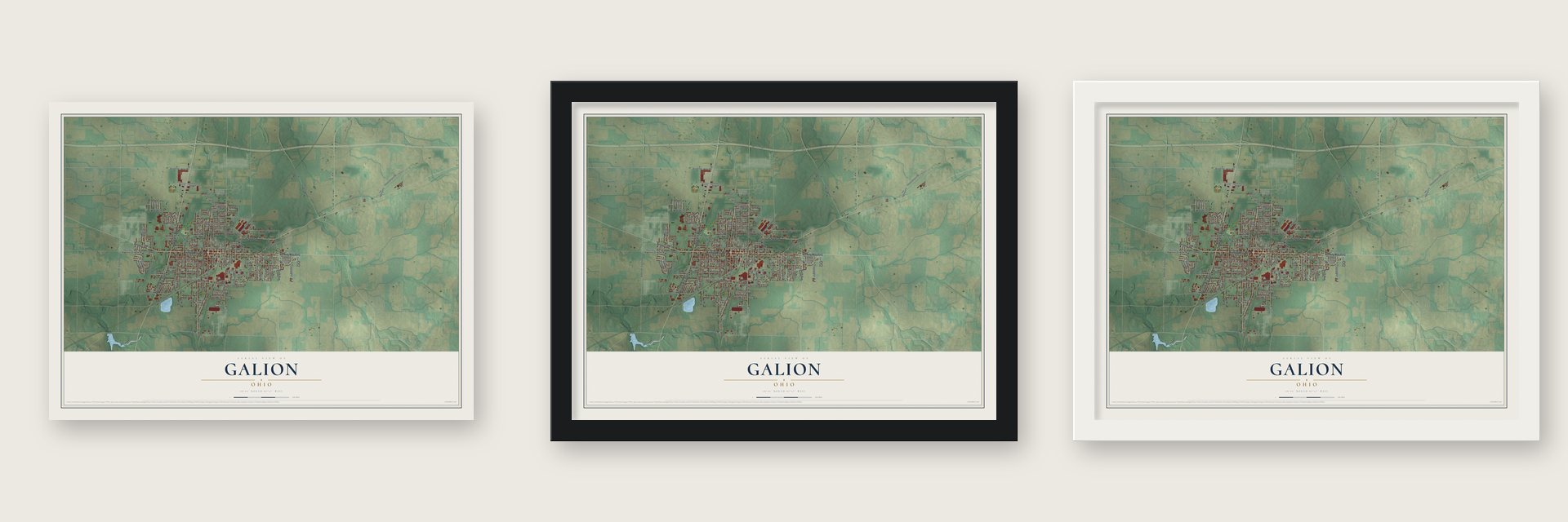 Galion, Ohio map unframed, in a black wood frame and in a white wood frame