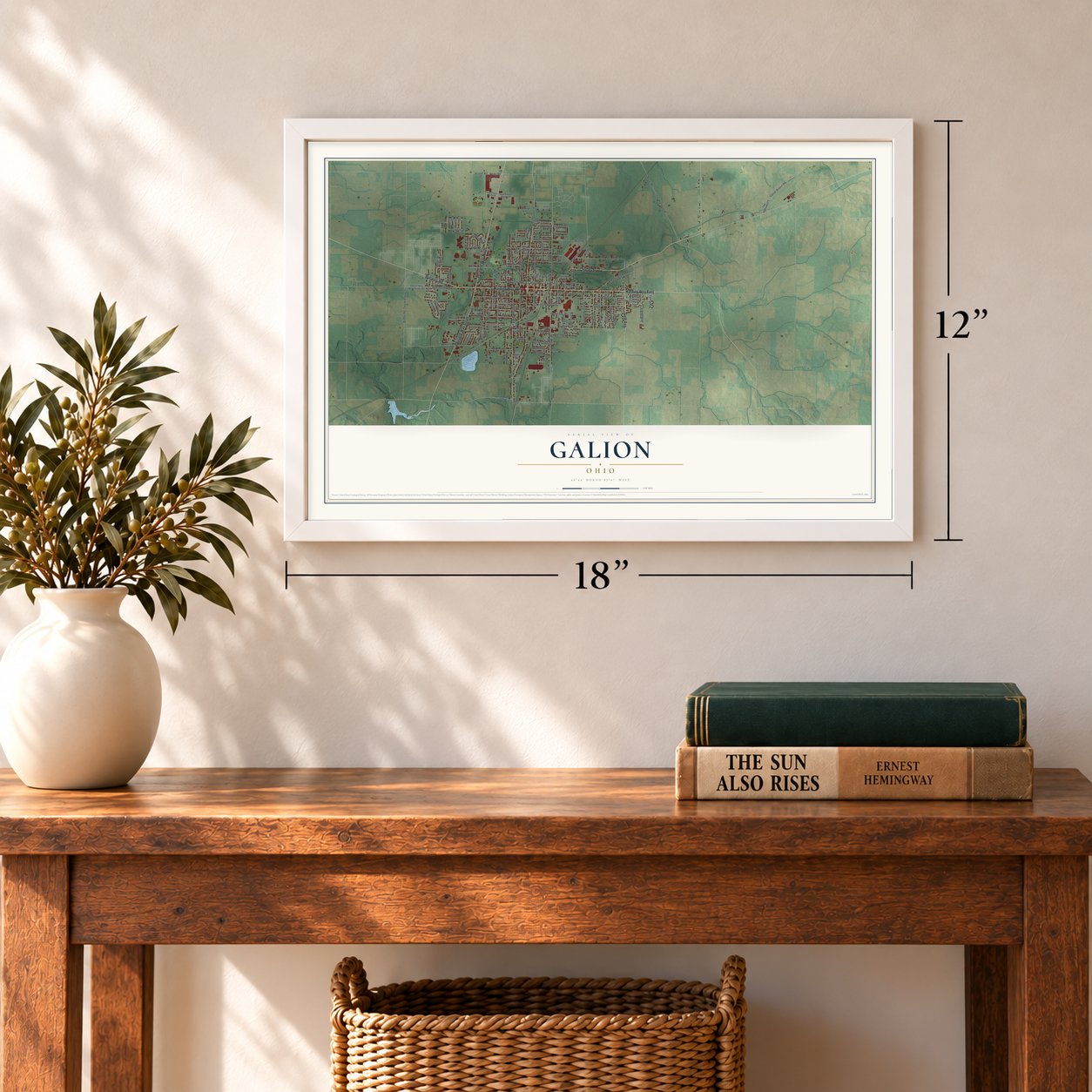 Galion, Ohio map, 12 x 18 inch print in a white frame in an entryway