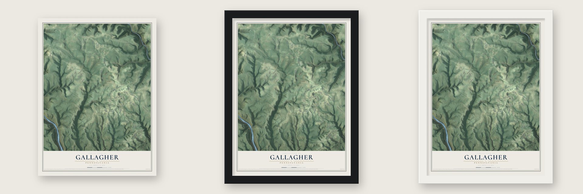 Gallagher, Pennsylvania map unframed, in a black wood frame and in a white wood frame