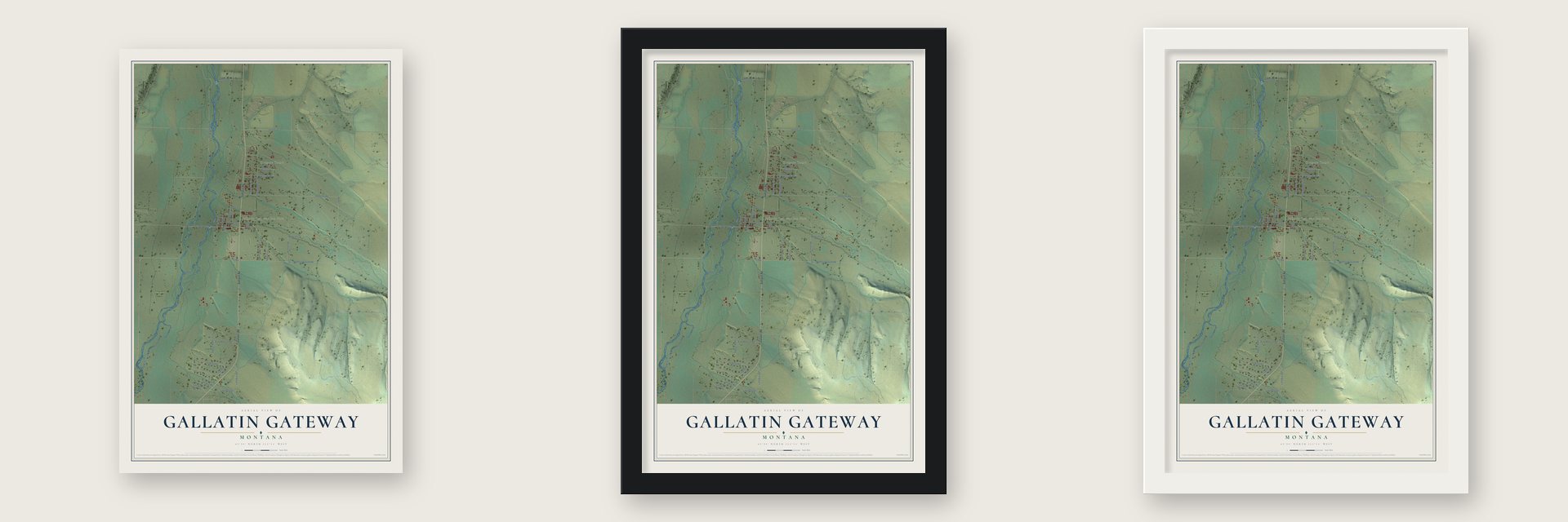 Gallatin Gateway, Montana map unframed, in a black wood frame and in a white wood frame