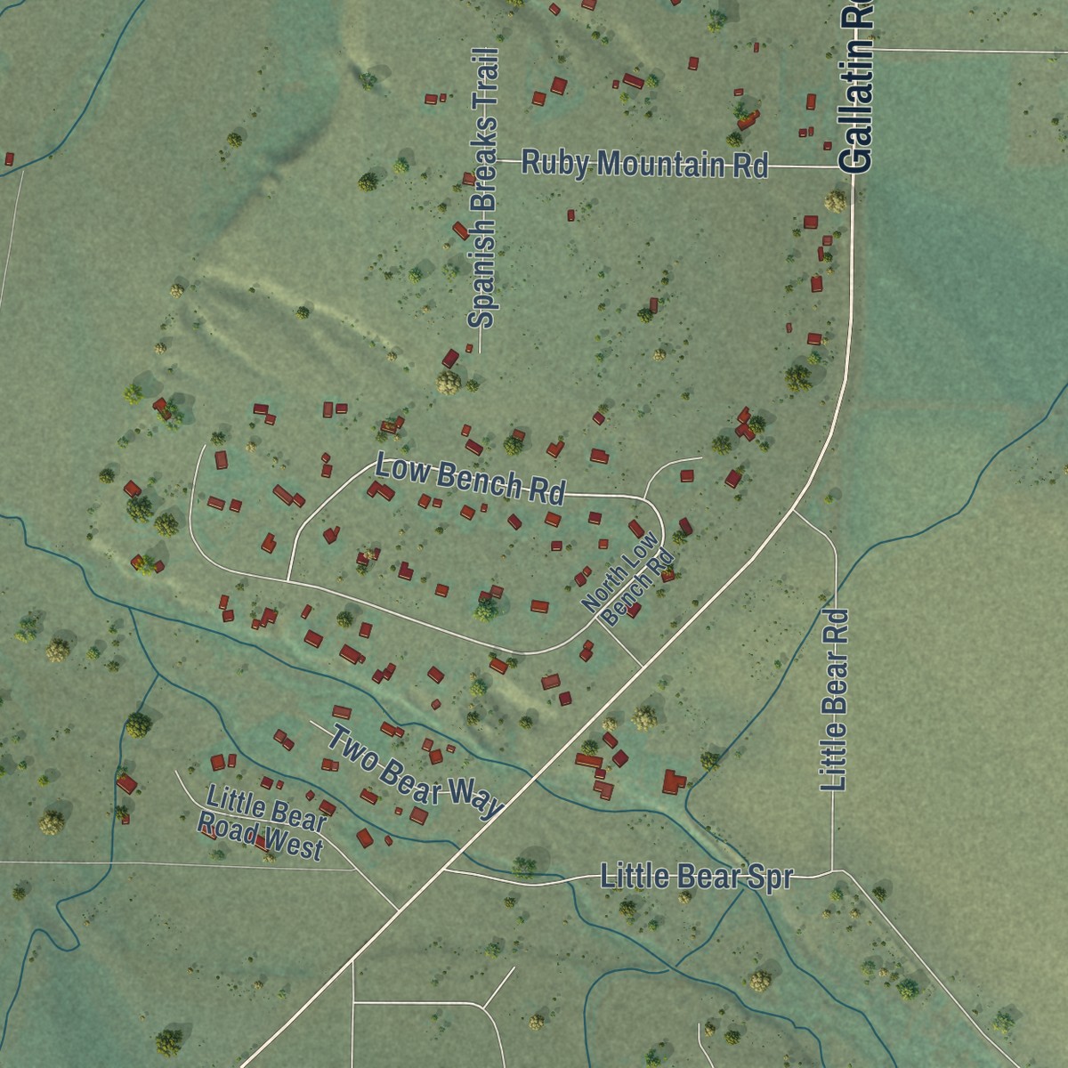 Second close-up of the map of Gallatin Gateway, Montana print showing more streets and buildings