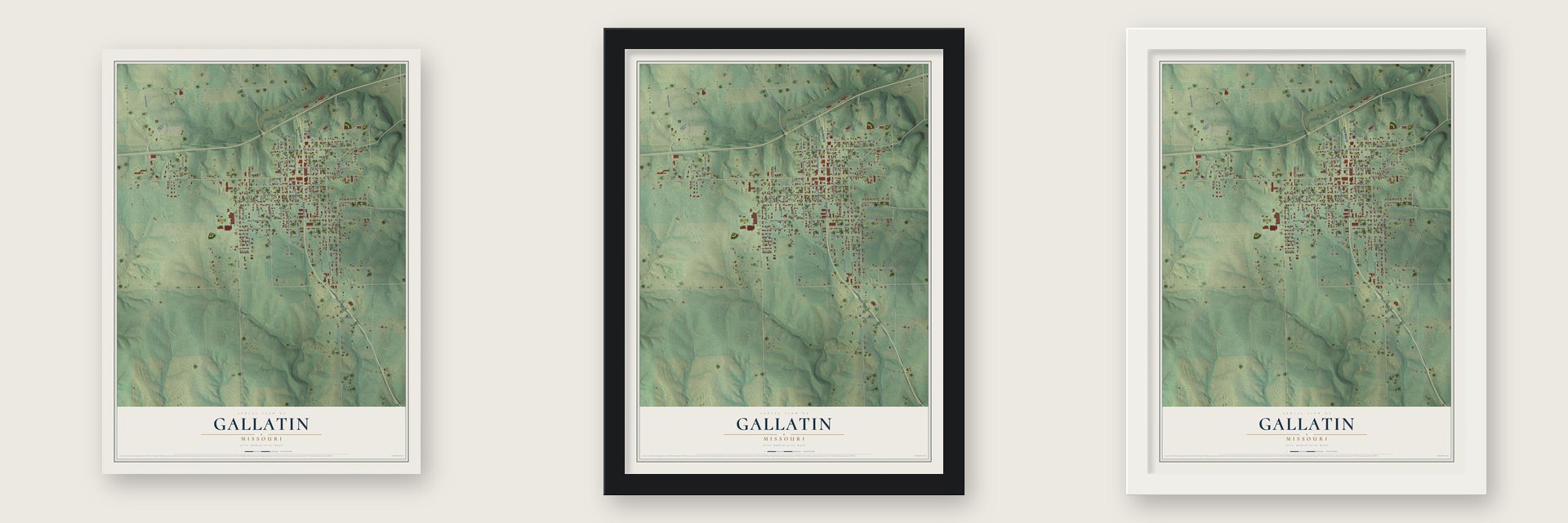 Gallatin, Missouri map unframed, in a black wood frame and in a white wood frame
