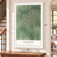 Gallatin, Missouri map, 24 x 36 inch print in a white frame by a staircase