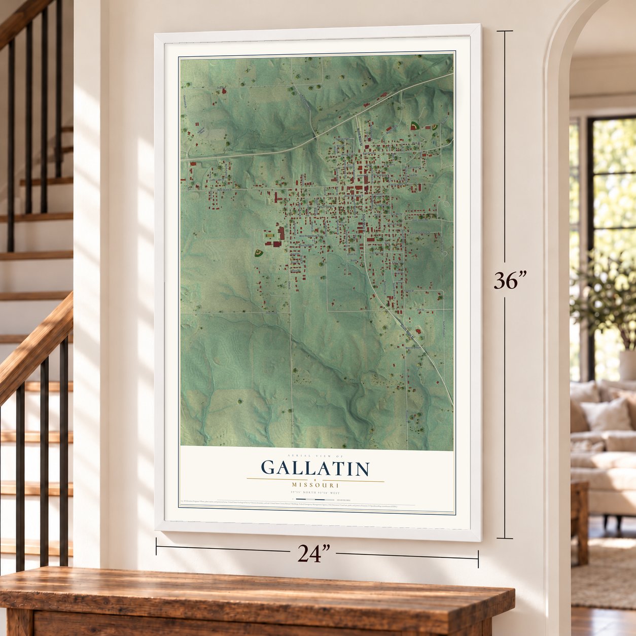 Gallatin, Missouri map, 24 x 36 inch print in a white frame by a staircase
