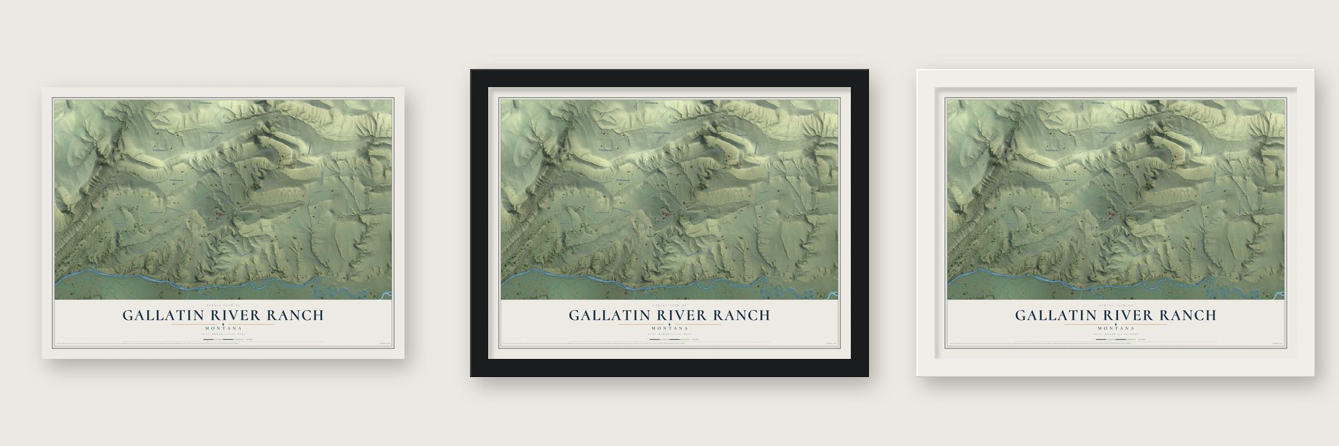 Gallatin River Ranch, Montana map unframed, in a black wood frame and in a white wood frame