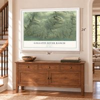Gallatin River Ranch, Montana map, 24 x 36 inch print in a white frame above a dresser by a staircase