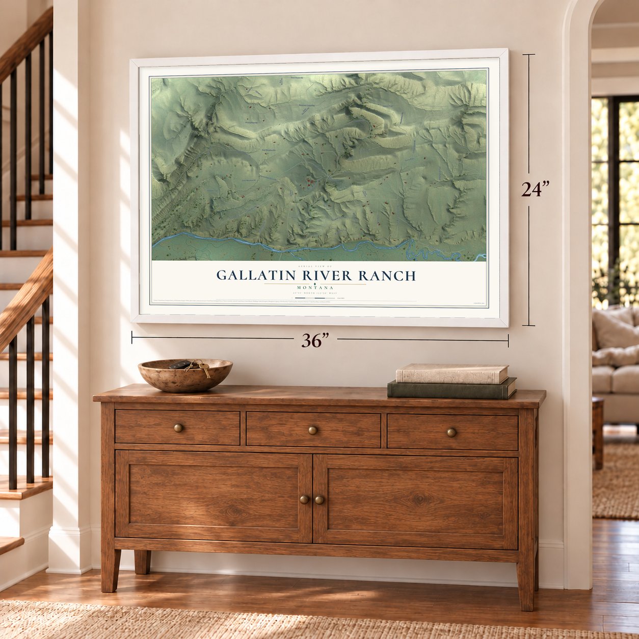 Gallatin River Ranch, Montana map, 24 x 36 inch print in a white frame above a dresser by a staircase