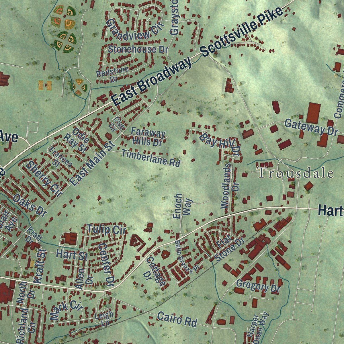 Second close-up of the map of Gallatin, Tennessee print showing more streets and buildings