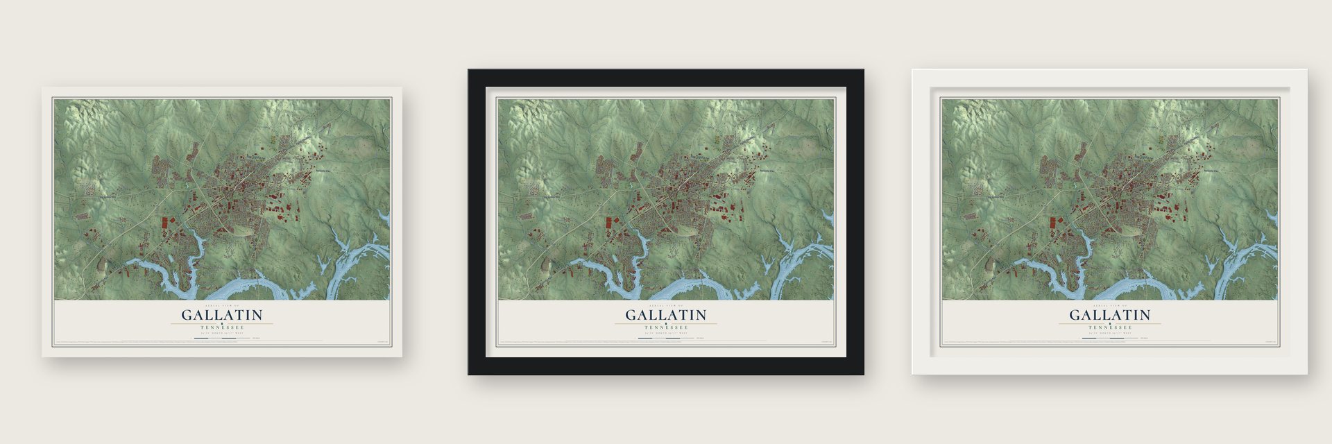 Gallatin, Tennessee map unframed, in a black wood frame and in a white wood frame