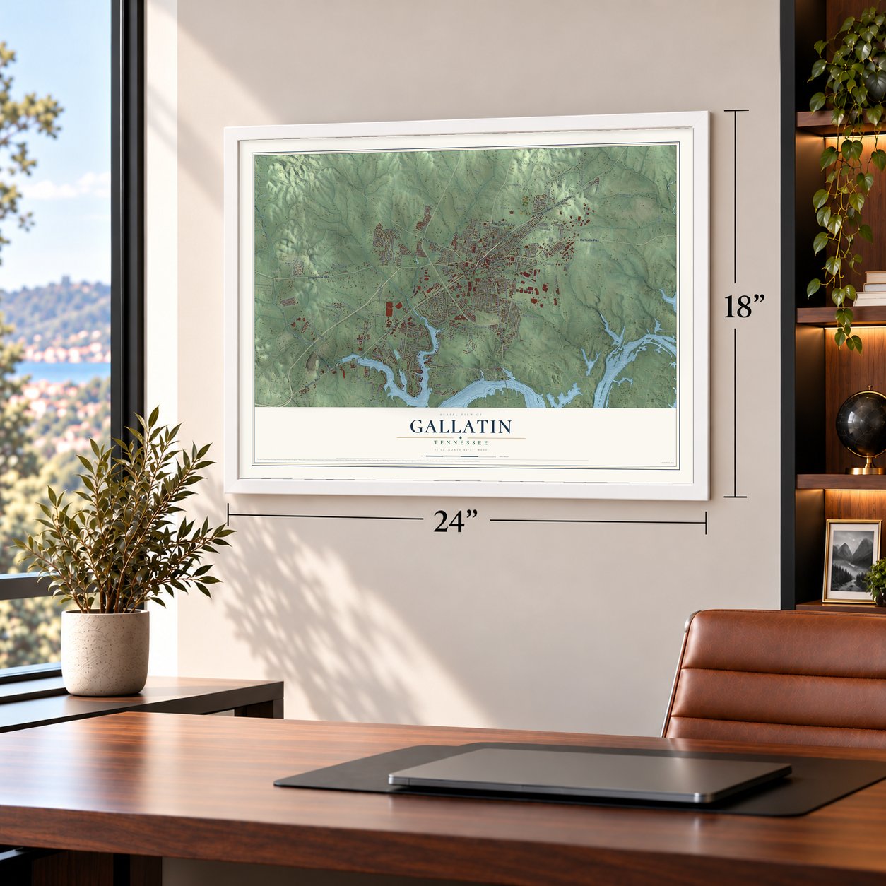 Gallatin, Tennessee map, 18 x 24 inch print in a white frame in a home office