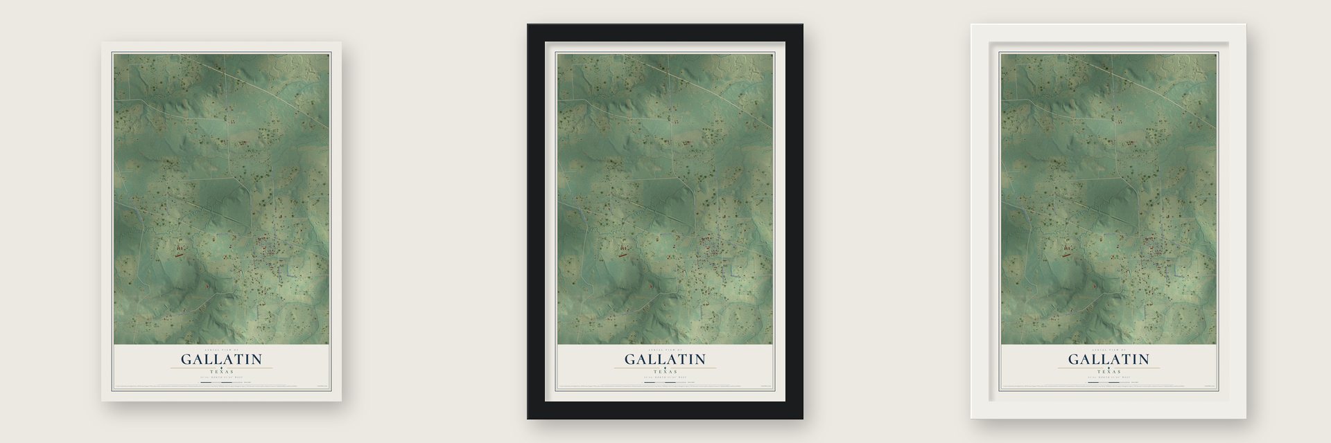 Gallatin, Texas map unframed, in a black wood frame and in a white wood frame