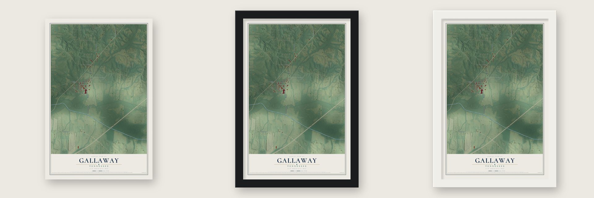 Gallaway, Tennessee map unframed, in a black wood frame and in a white wood frame