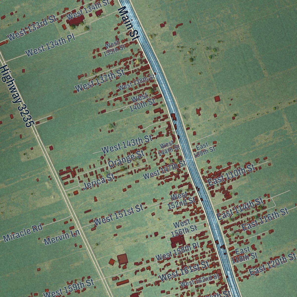 Second close-up of the map of Galliano, Louisiana print showing more streets and buildings