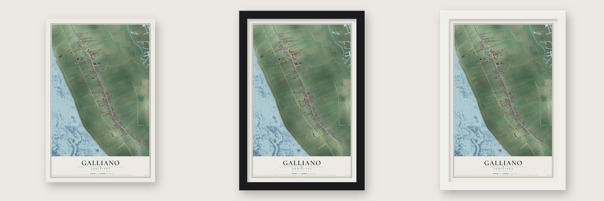 Galliano, Louisiana map unframed, in a black wood frame and in a white wood frame