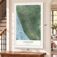 Galliano, Louisiana map, 24 x 36 inch print in a white frame by a staircase