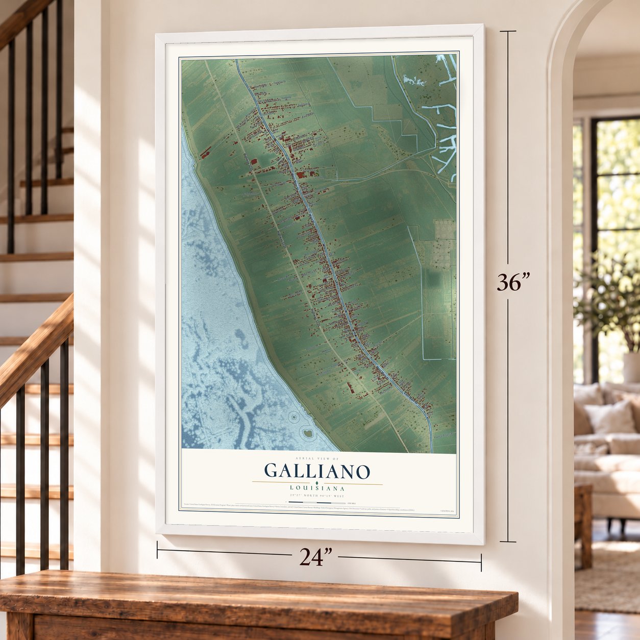 Galliano, Louisiana map, 24 x 36 inch print in a white frame by a staircase