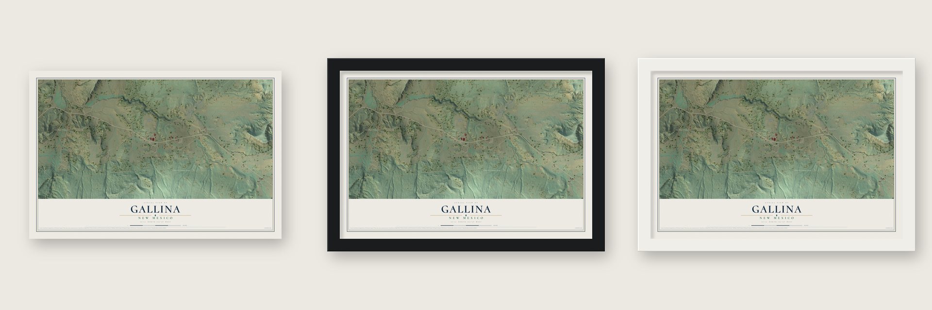 Gallina, New Mexico map unframed, in a black wood frame and in a white wood frame