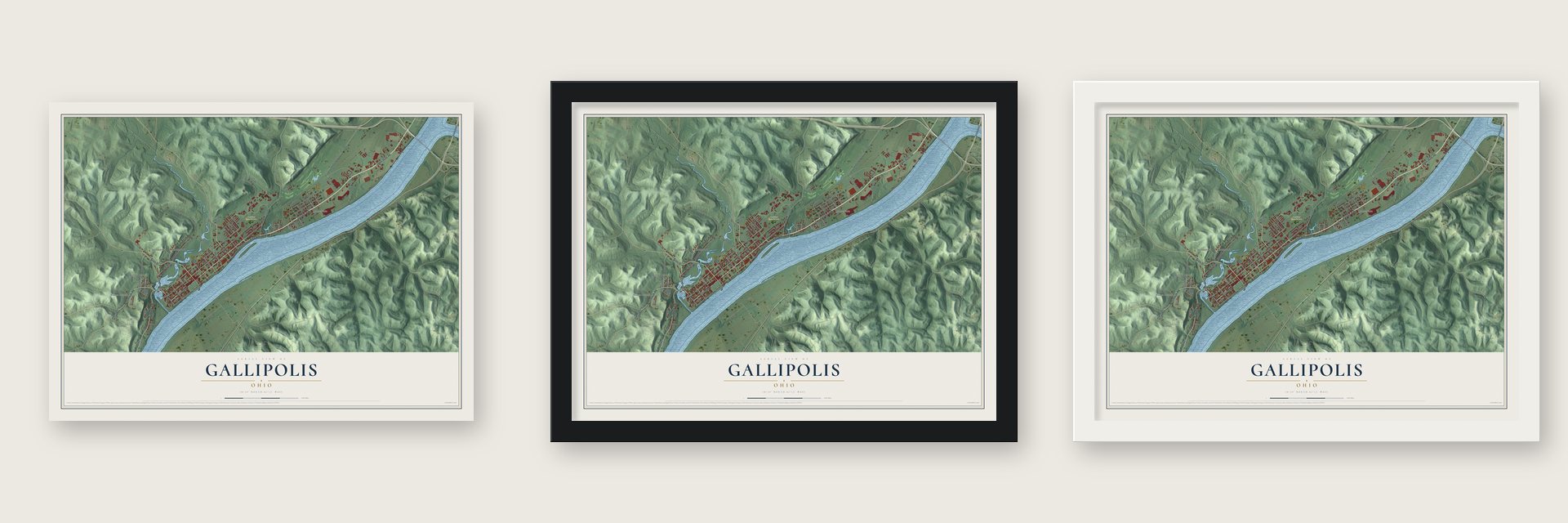 Gallipolis, Ohio map unframed, in a black wood frame and in a white wood frame