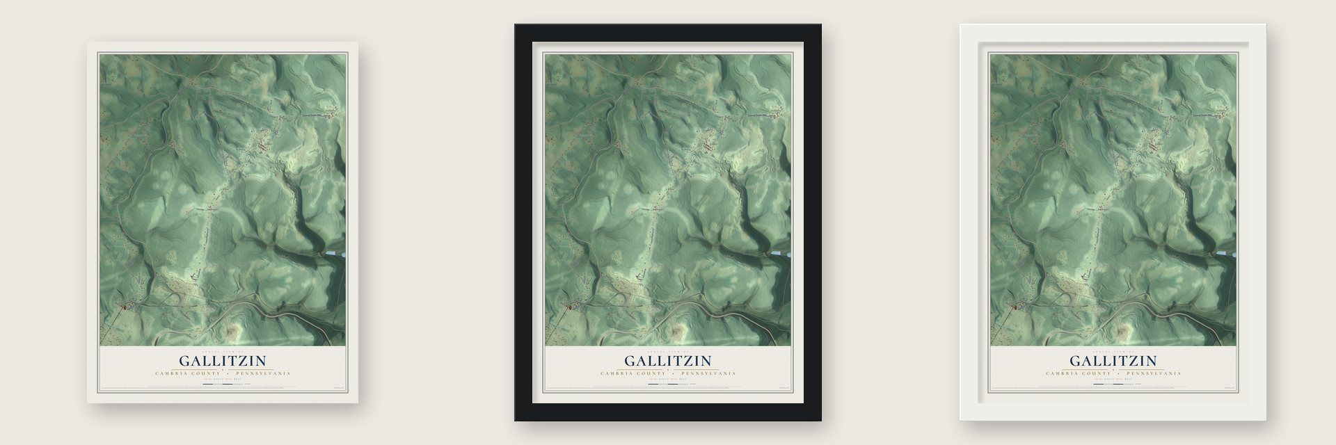 Gallitzin, Cambria County, Pennsylvania map unframed, in a black wood frame and in a white wood frame