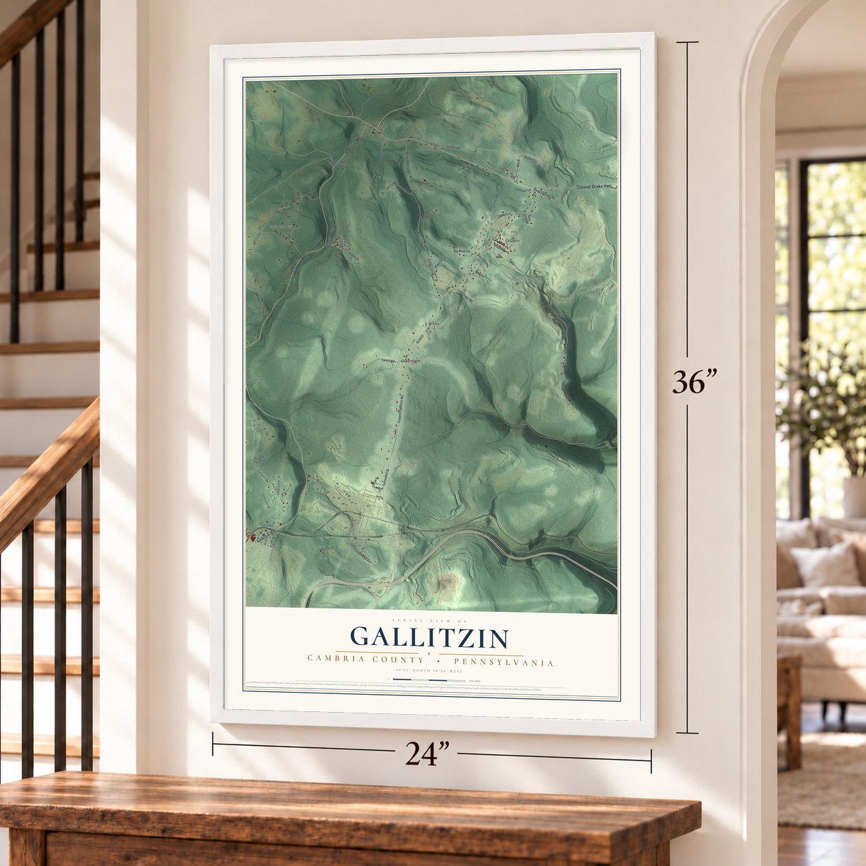 Gallitzin, Cambria County, Pennsylvania map, 24 x 36 inch print in a white frame by a staircase