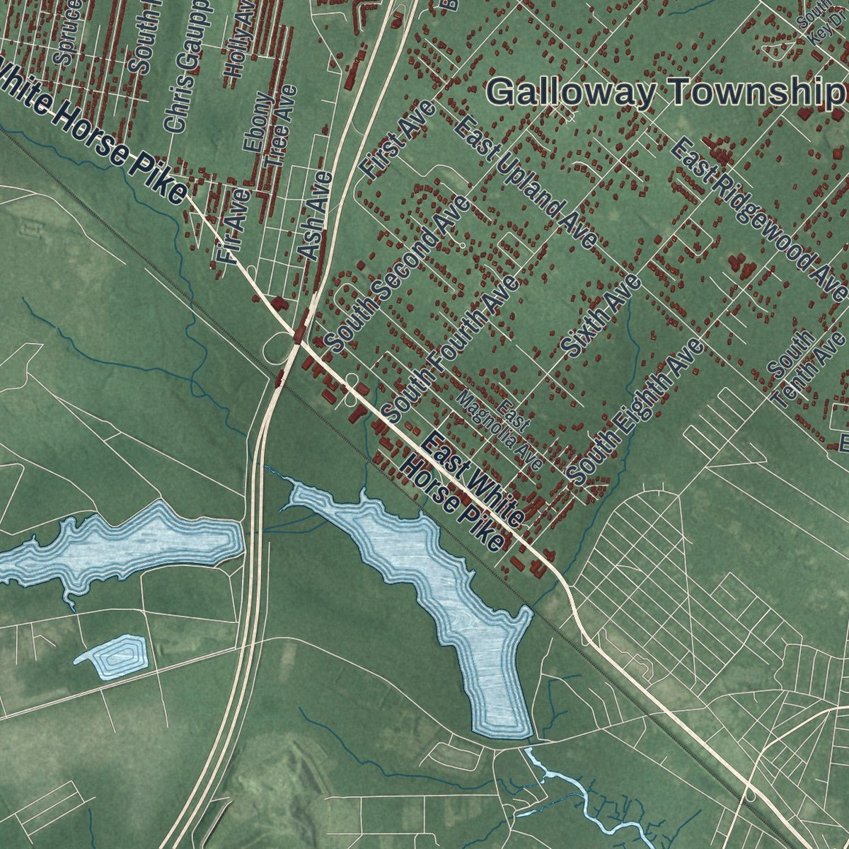 Second close-up of the map of Galloway, New Jersey print showing more streets and buildings