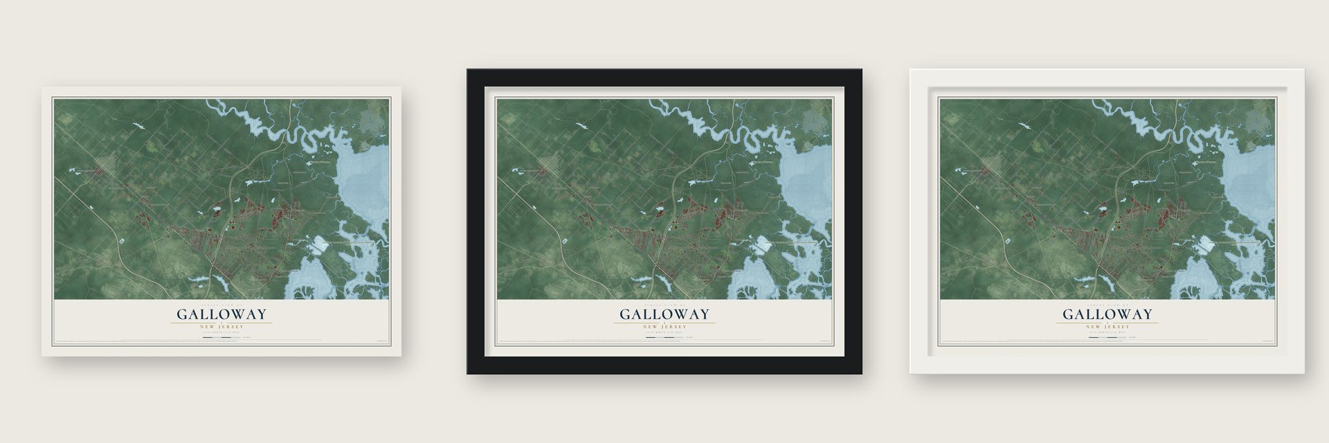 Galloway, New Jersey map unframed, in a black wood frame and in a white wood frame