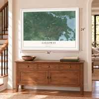 Galloway, New Jersey map, 24 x 36 inch print in a white frame above a dresser by a staircase