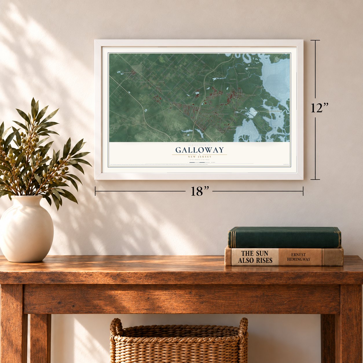 Galloway, New Jersey map, 12 x 18 inch print in a white frame in an entryway