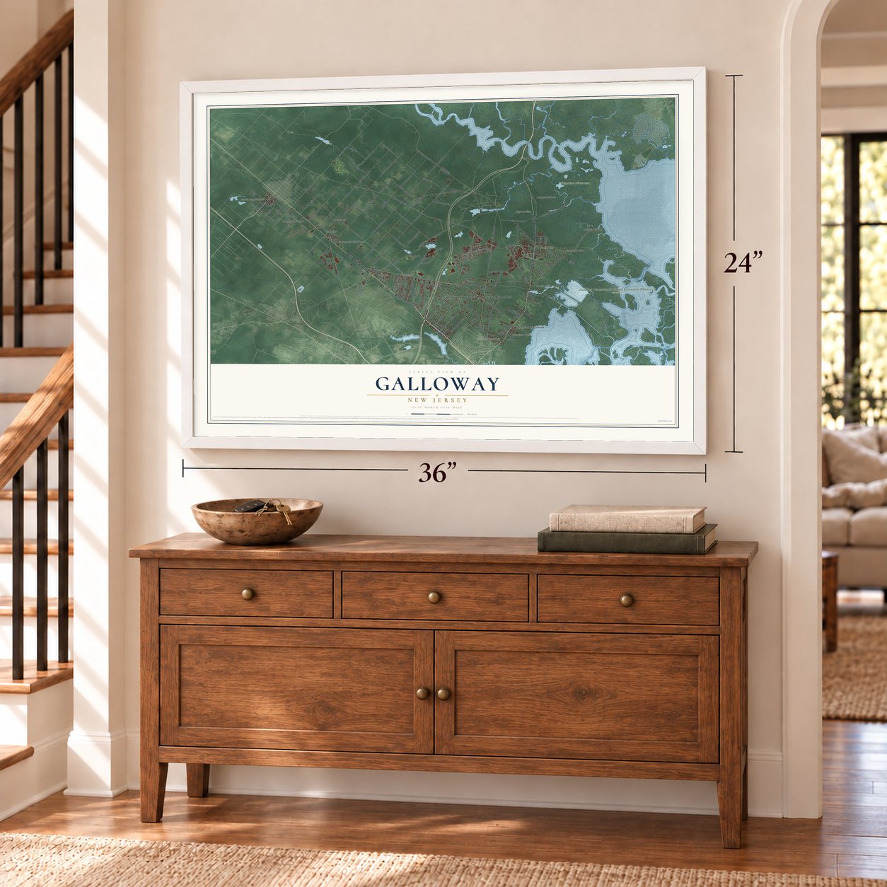 Galloway, New Jersey map, 24 x 36 inch print in a white frame above a dresser by a staircase