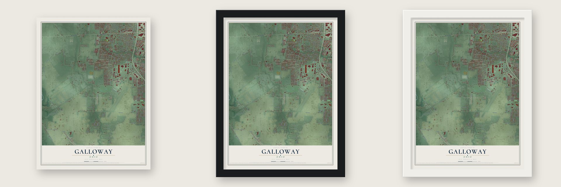 Galloway, Ohio map unframed, in a black wood frame and in a white wood frame