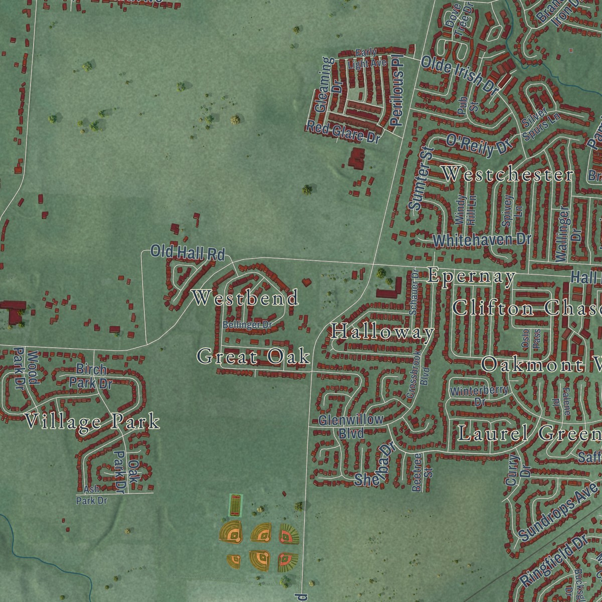 Second close-up of the map of Galloway, Ohio print showing more streets and buildings