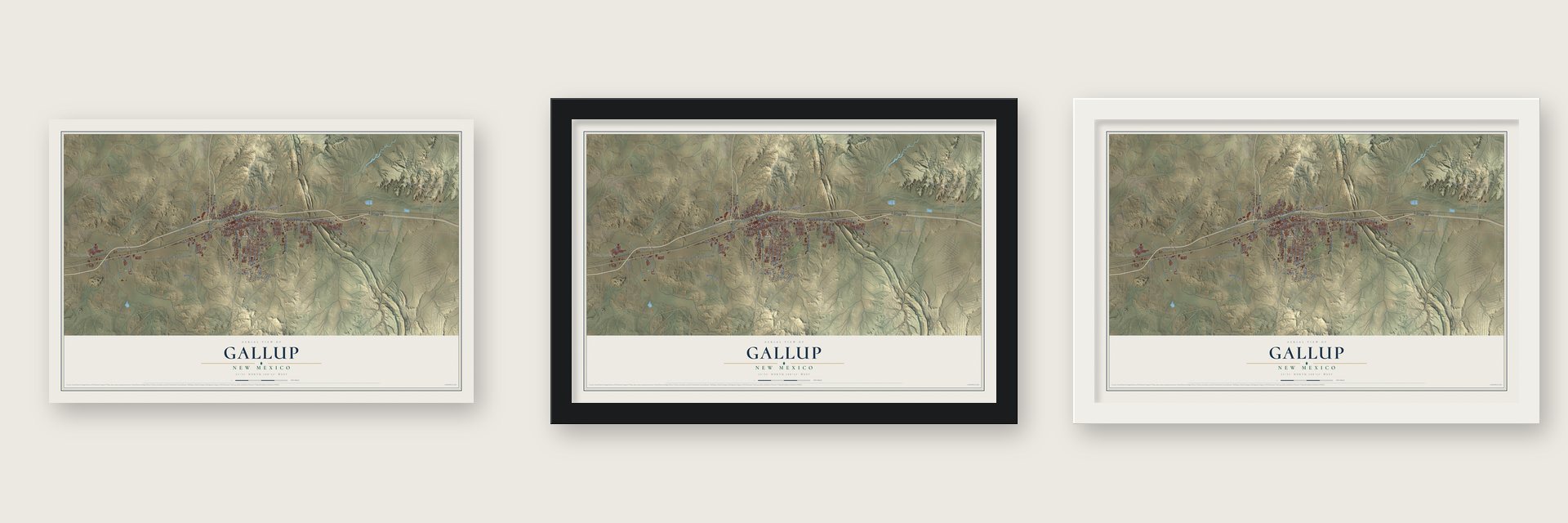 Gallup, New Mexico map unframed, in a black wood frame and in a white wood frame