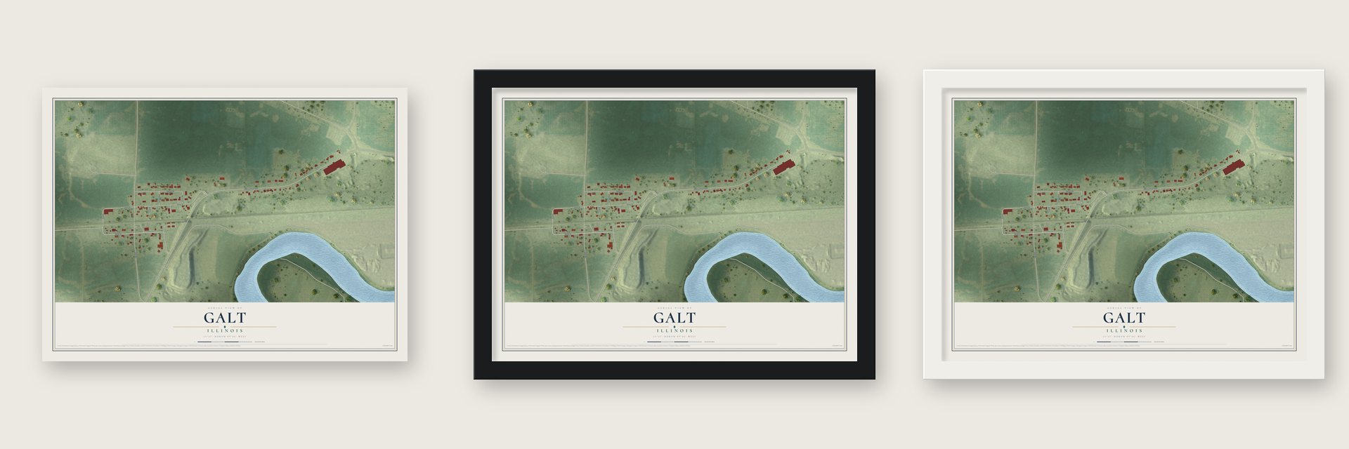 Galt, Illinois map unframed, in a black wood frame and in a white wood frame