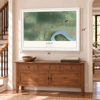Galt, Illinois map, 24 x 36 inch print in a white frame above a dresser by a staircase