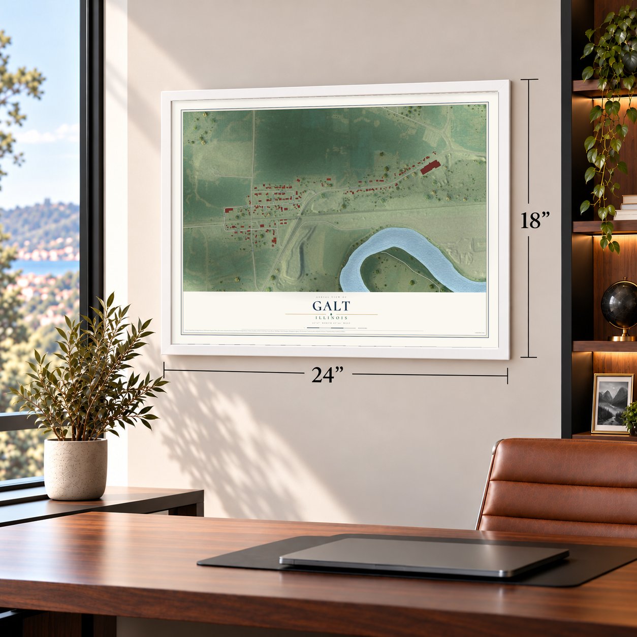 Galt, Illinois map, 18 x 24 inch print in a white frame in a home office