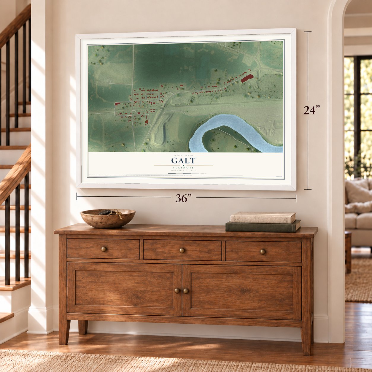 Galt, Illinois map, 24 x 36 inch print in a white frame above a dresser by a staircase