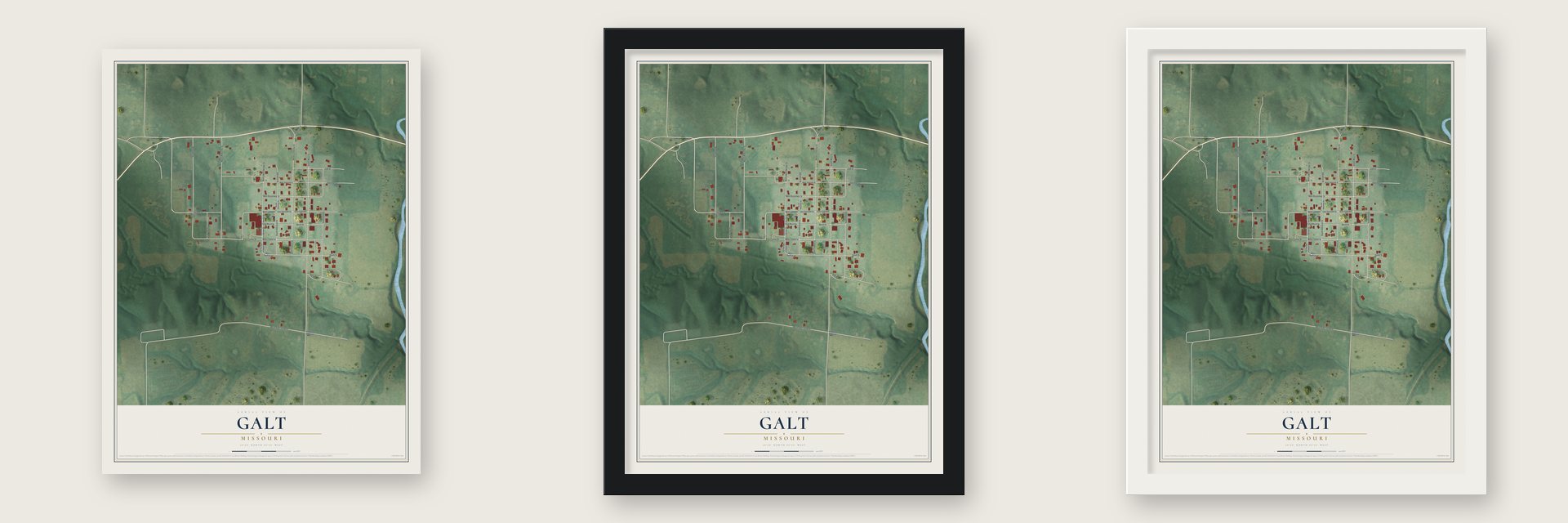 Galt, Missouri map unframed, in a black wood frame and in a white wood frame