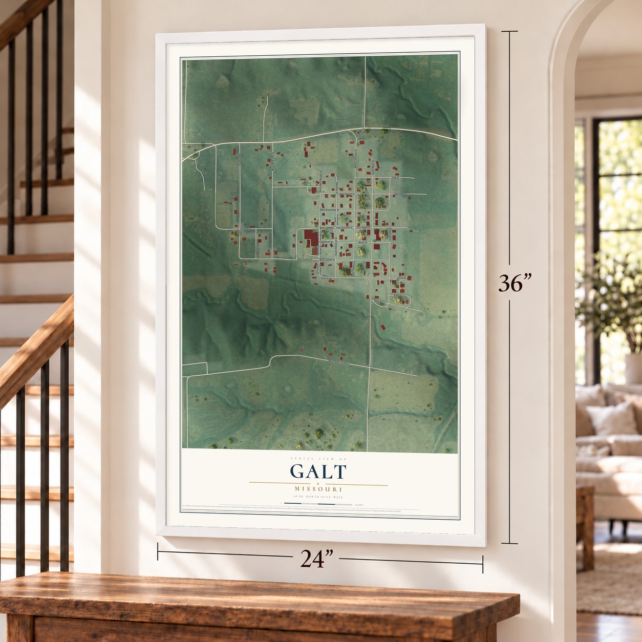 Galt, Missouri map, 24 x 36 inch print in a white frame by a staircase