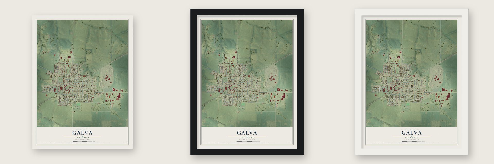 Galva, Illinois map unframed, in a black wood frame and in a white wood frame
