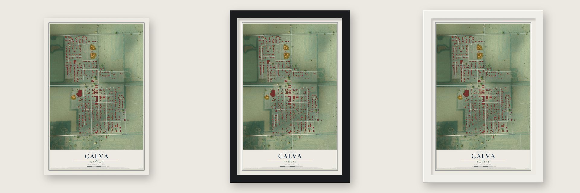 Galva, Kansas map unframed, in a black wood frame and in a white wood frame