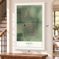 Galva, Kansas map, 24 x 36 inch print in a white frame by a staircase