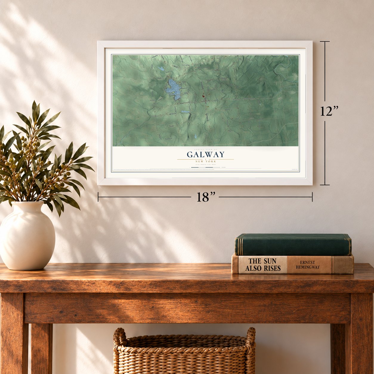 Galway, New York map, 12 x 18 inch print in a white frame in an entryway