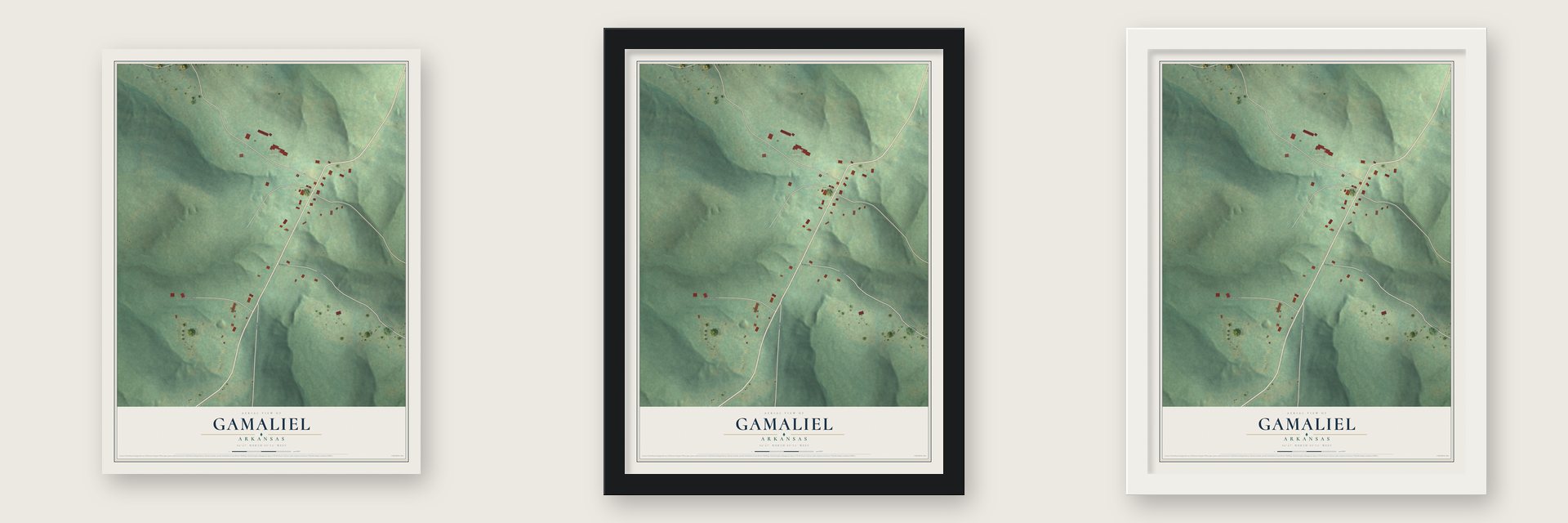 Gamaliel, Arkansas map unframed, in a black wood frame and in a white wood frame