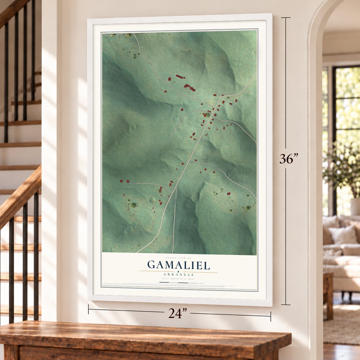 Gamaliel, Arkansas map, 24 x 36 inch print in a white frame by a staircase