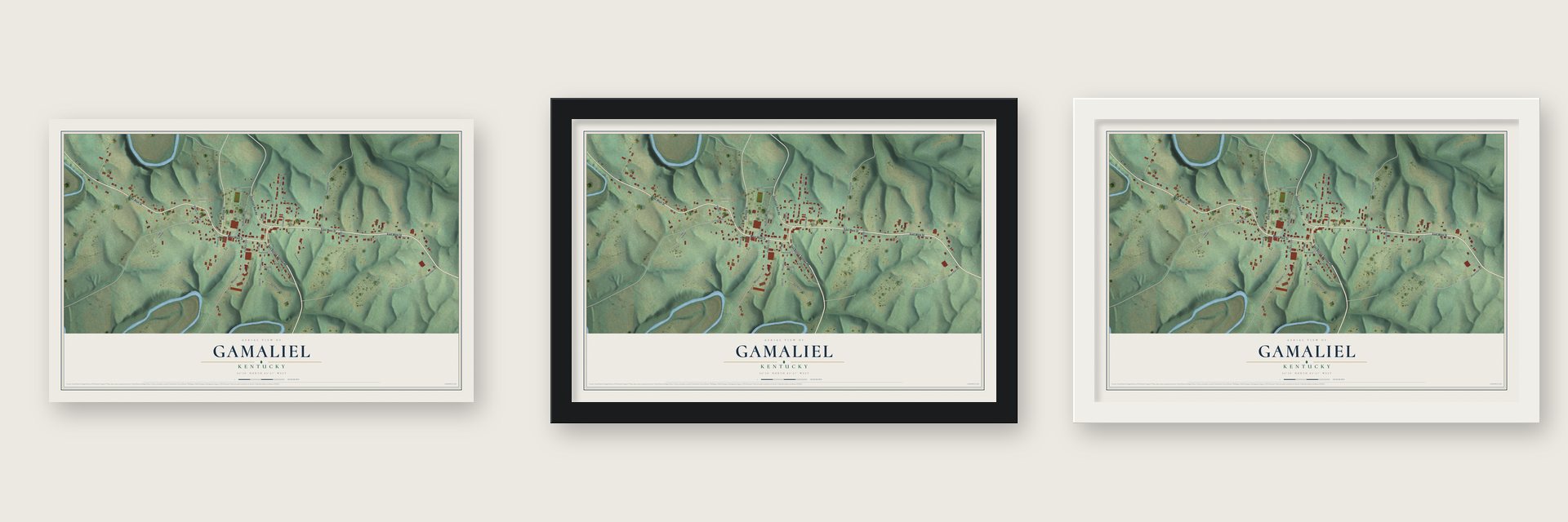 Gamaliel, Kentucky map unframed, in a black wood frame and in a white wood frame
